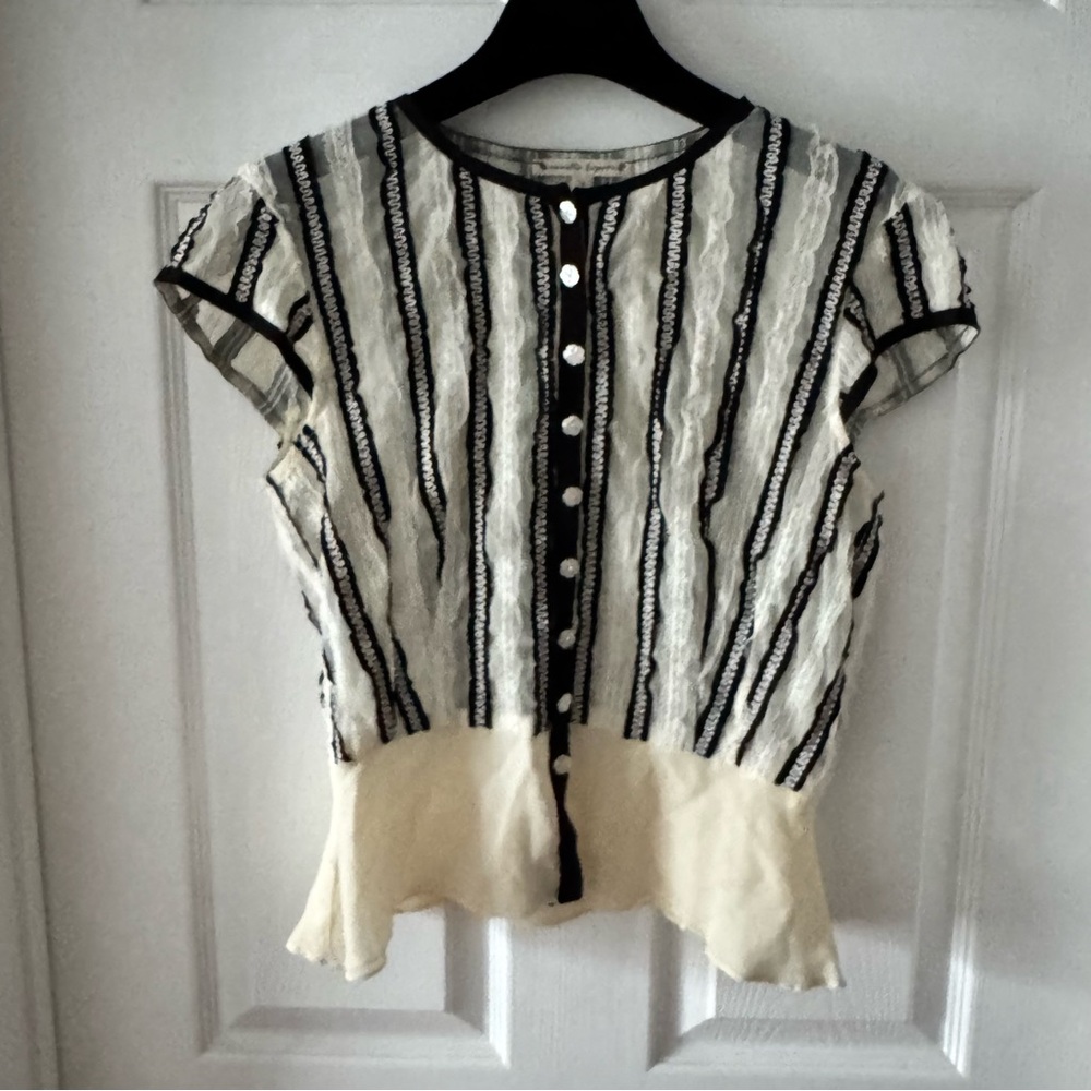 SILK Nanette Lepore Sheer Black and Cream Lace Blouse (UK 6 - US 2) XS